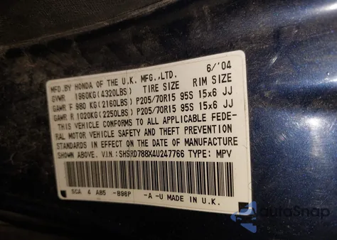 2004 Honda Cr-V Ex z USA, uszkodzony, nr VIN SHSRD788X4U247766